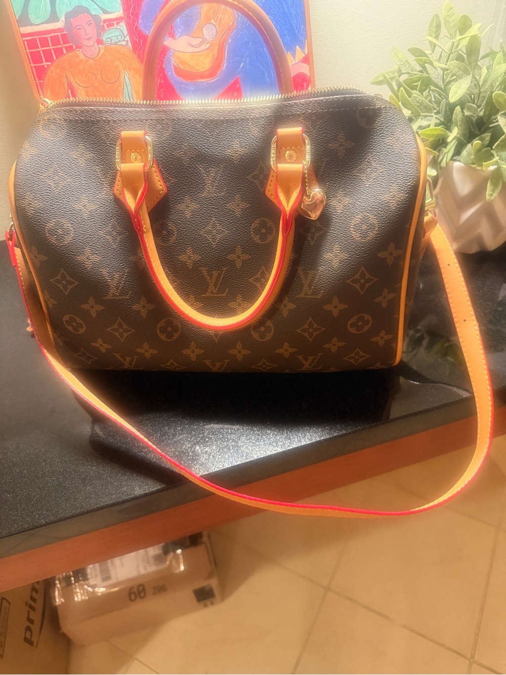 Monogram Satchel with Brown Canvas and Red-Trimmed Handles